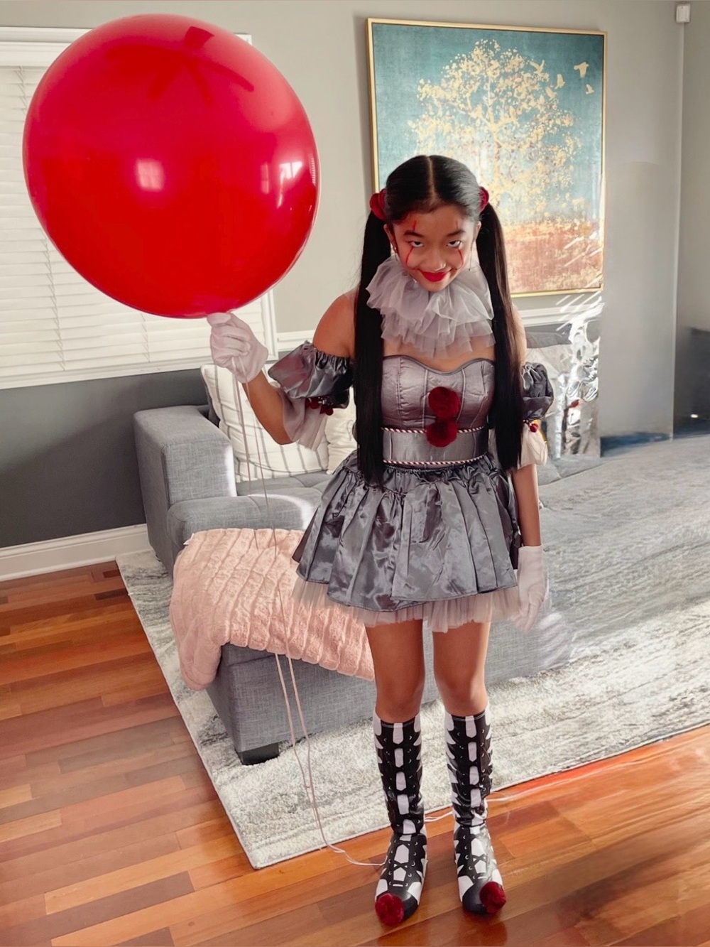 Silver Doll Clown Costume with Red Accents
